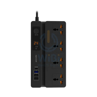 Porodo Multi-Function Socket With Phone Stand and Digital Timer - 4 Socket / 3 Meters / Black