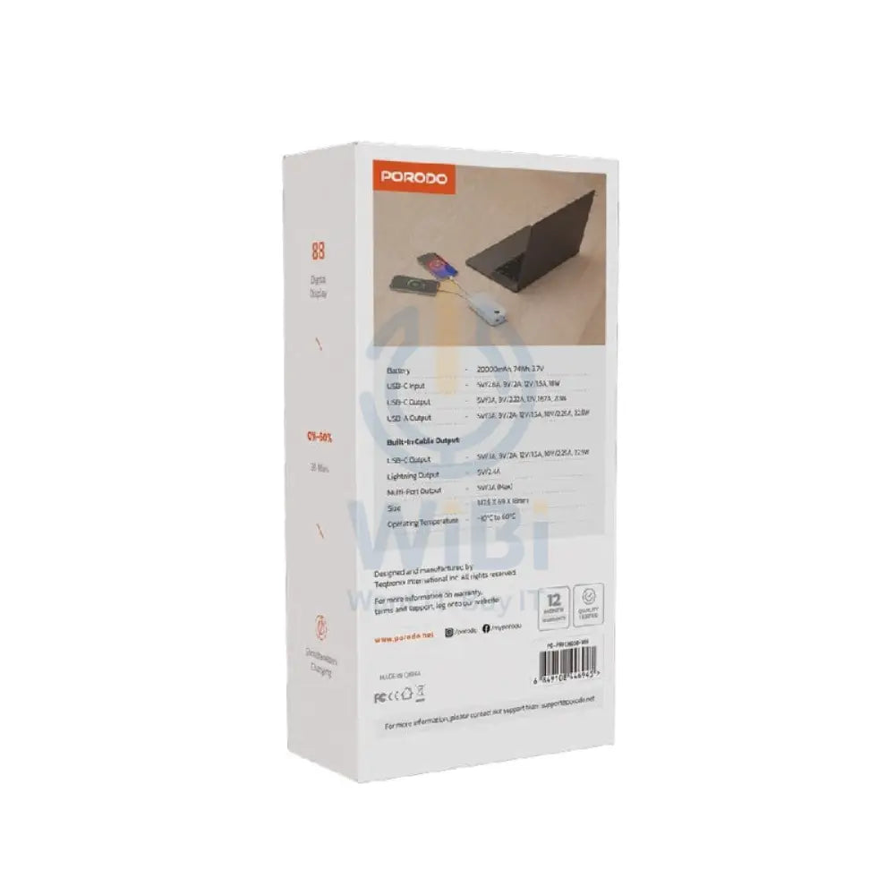 Porodo PowerBank Integrated Cable - 20000mAh / White Accessories > Power Bank