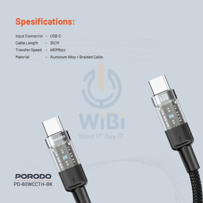 Porodo Transparent Braided Data Cable - 0.35M / Type-C / 60W / Black Accessories > Cables & Converters > Cables