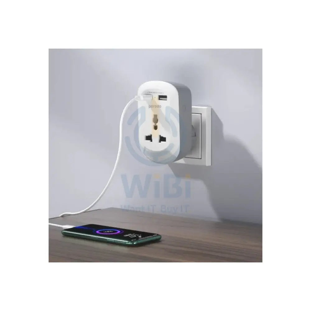 Porodo Universal AC Socket EU Plug Adapter - USB-A / USB-C / White Accessories > Power Adapters