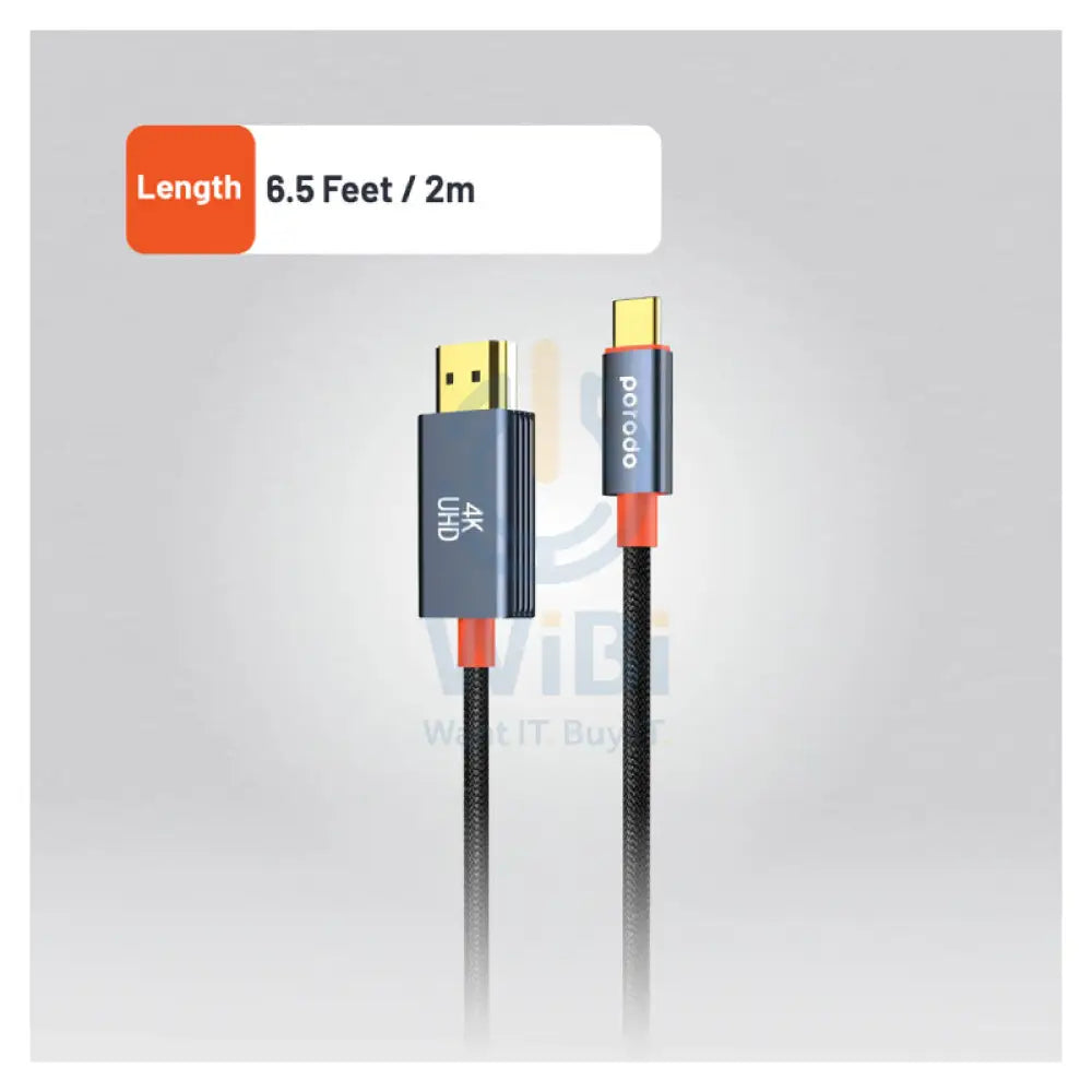 Porodo Woven Cable - 2 Meter / Type-C / HDMI / Black Accessories > Cables & Converters > Cables
