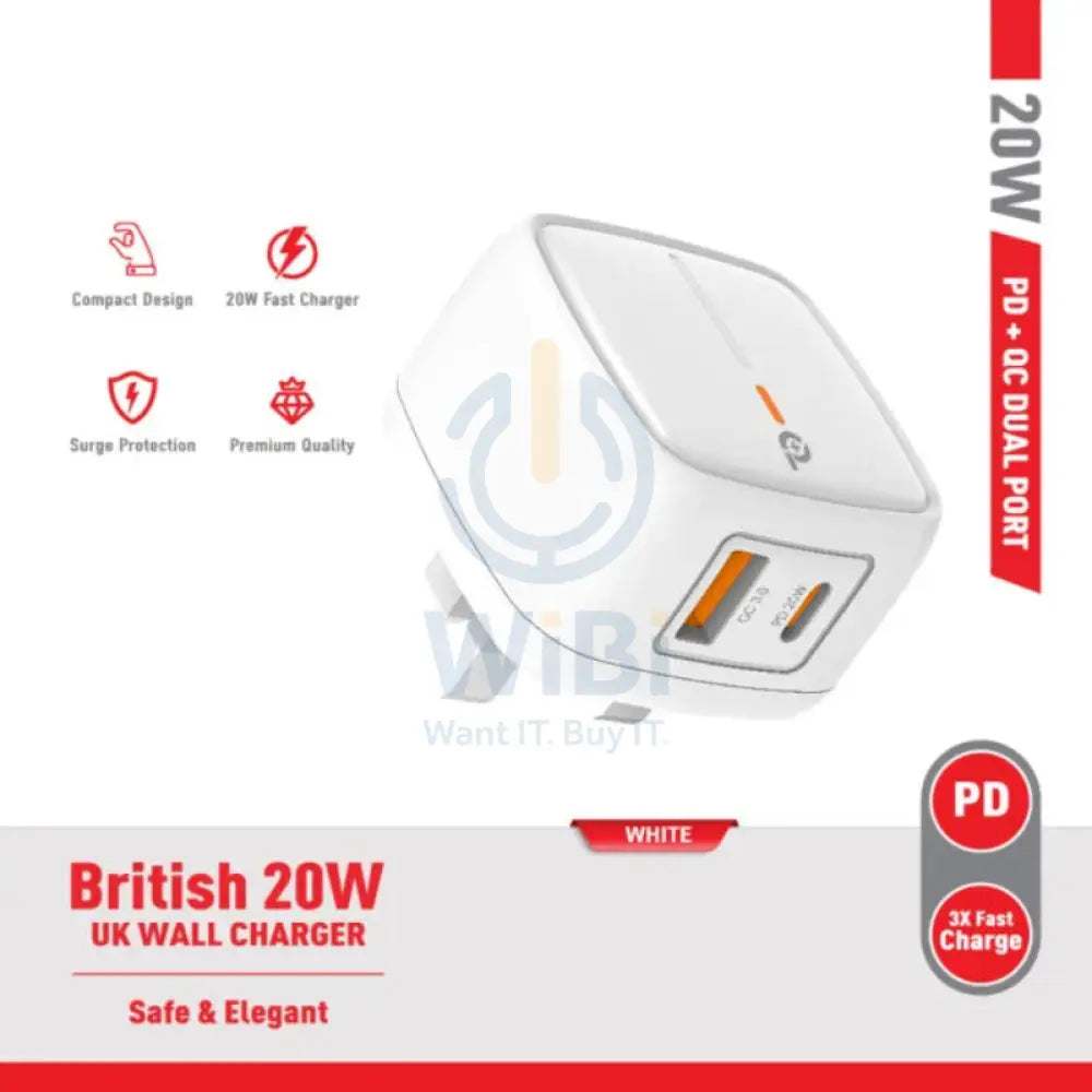 PowerO + British UK Wall Charger - 20W / USB-A / USB-C / White Accessories > Power Adapters