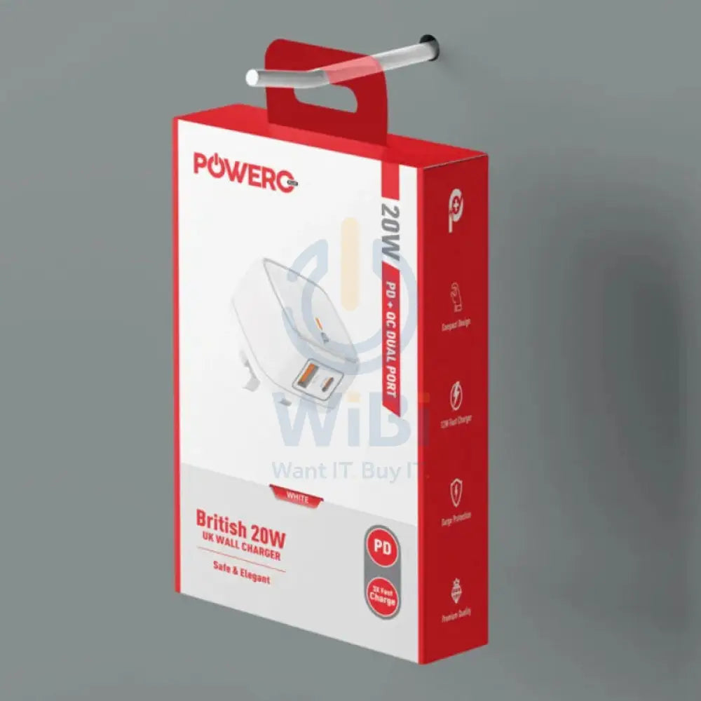 PowerO + British UK Wall Charger - 20W / USB-A / USB-C / White Accessories > Power Adapters