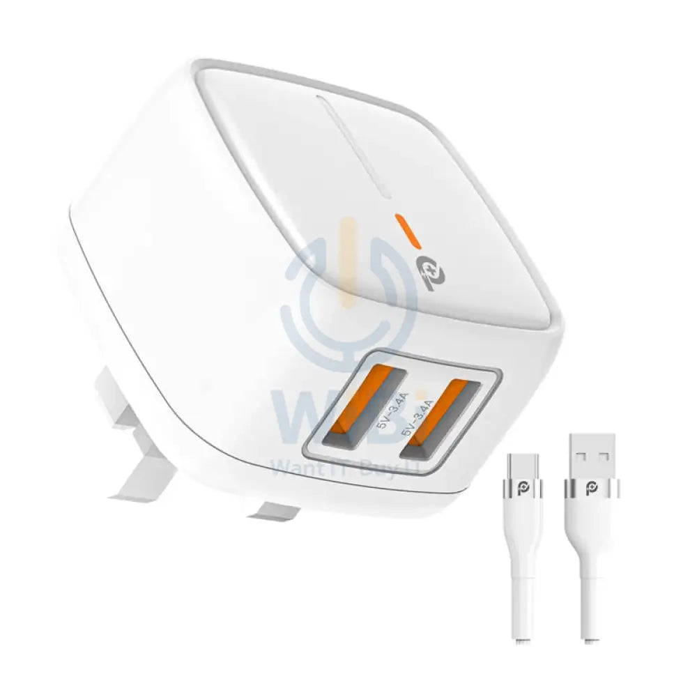 PowerO + British UK Wall Charger with Cable - 12W / USB-A / White Accessories > Power Adapters