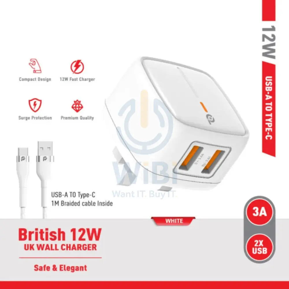 PowerO + British UK Wall Charger with Cable - 12W / USB-A / White Accessories > Power Adapters
