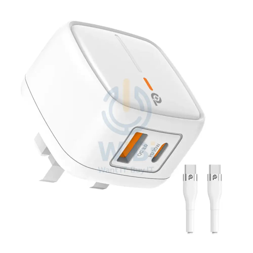 PowerO + British UK Wall Charger with Type-C Cable - 20W / Type-C / USB-A / White Accessories > Power Adapters