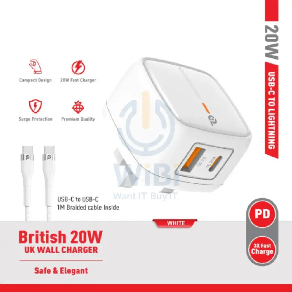 PowerO + British UK Wall Charger with Type-C Cable - 20W / Type-C / USB-A / White Accessories > Power Adapters