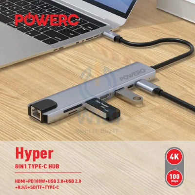 PowerO + Hyper 8-in-1 USB-C HUB - HDMI / USB-C / USB / RJ45 / Grey Accessories > USB Hub