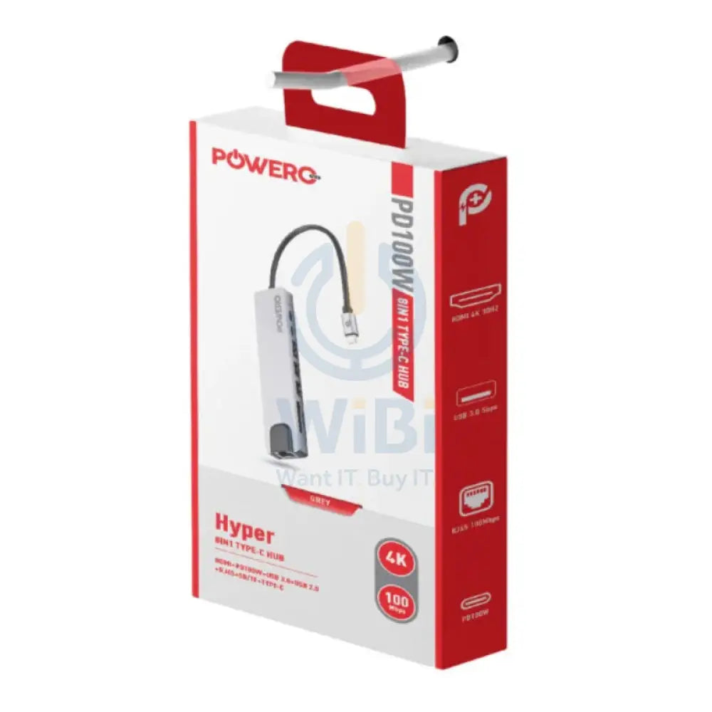 PowerO + Hyper 8-in-1 USB-C HUB - HDMI / USB-C / USB / RJ45 / Grey Accessories > USB Hub