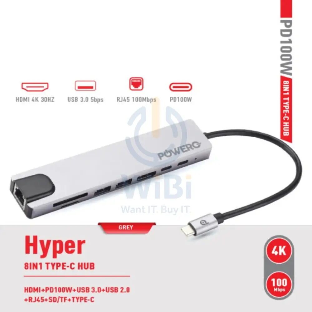 PowerO + Hyper 8-in-1 USB-C HUB - HDMI / USB-C / USB / RJ45 / Grey Accessories > USB Hub
