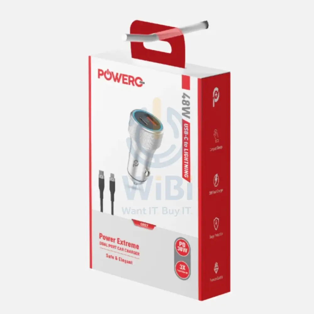 PowerO + Power Extreme Dual Port Car Charger with Lightning Cable - 48W / USB-A / USB-C / Grey Accessories > Mobiles &