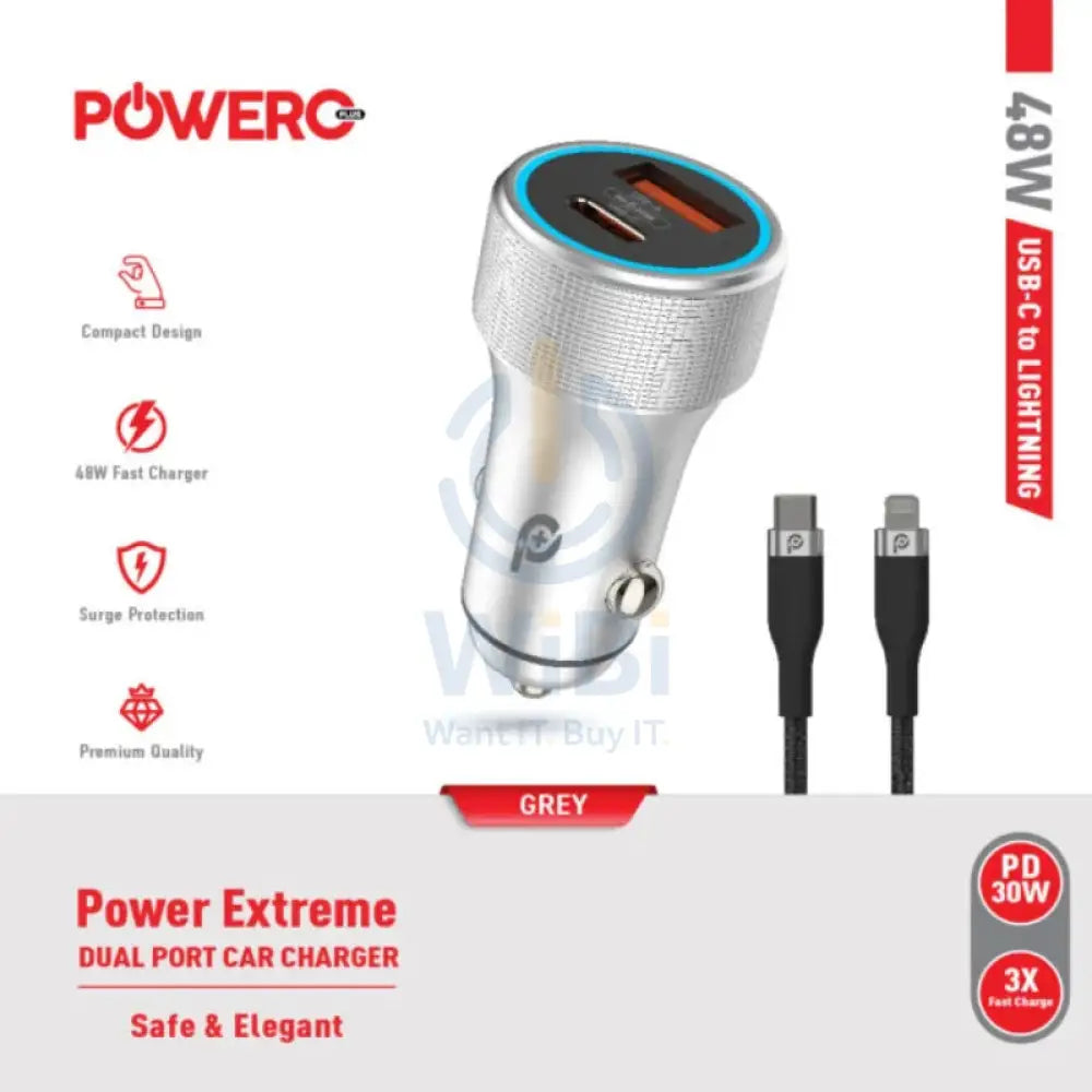 PowerO + Power Extreme Dual Port Car Charger with Lightning Cable - 48W / USB-A / USB-C / Grey Accessories > Mobiles &