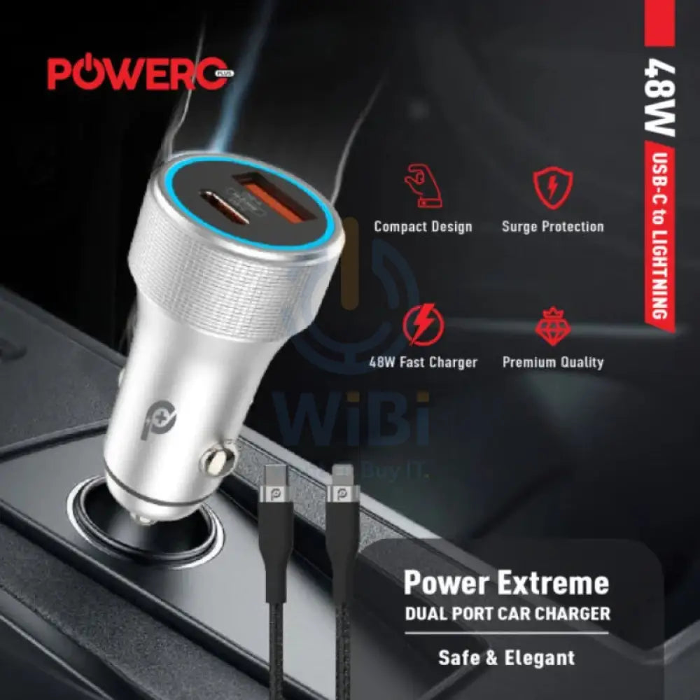 PowerO + Power Extreme Dual Port Car Charger with Lightning Cable - 48W / USB-A / USB-C / Grey Accessories > Mobiles &
