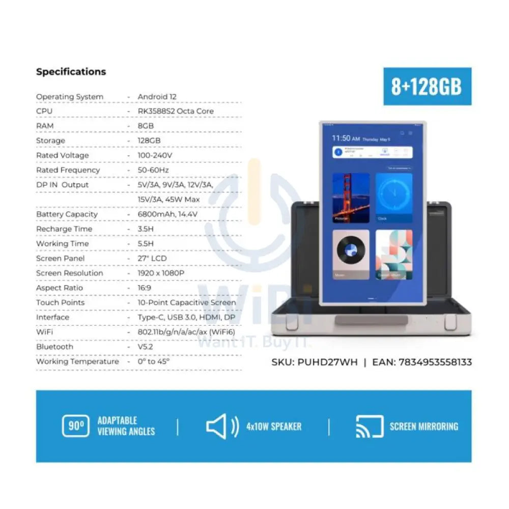 Powerology Android Briefcase Display - 27’’ LCD / 8GB / 128GB / White Monitors & Projectors > Monitors