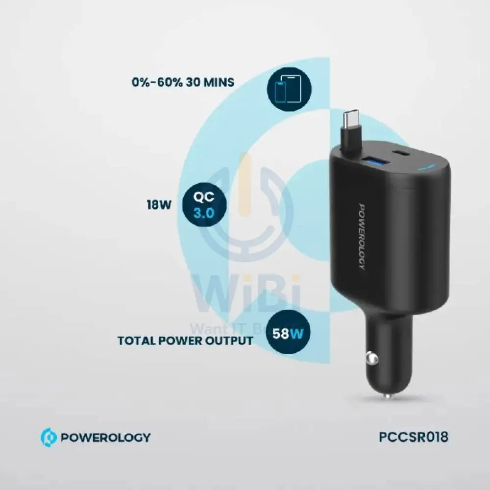 Powerology Type-C Retractable Car Charger - 70W / Black Accessories > Mobiles & Tablets > Mobiles > Car Chargers