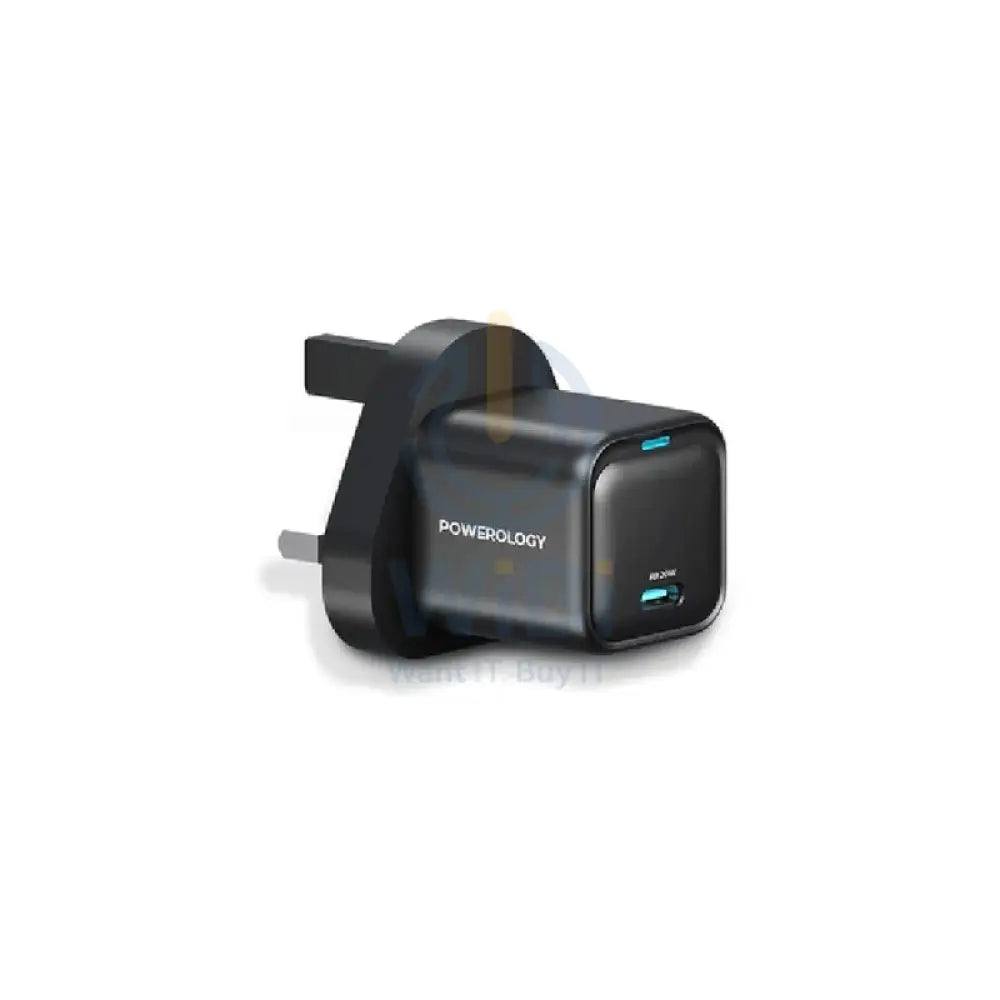 Powerology UK 3 Pin Ultra-Compact GaN Charger With Cable - 20W / Lightning / Black Accessories > Power Adapters