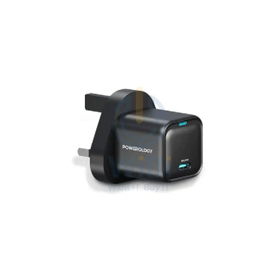 Powerology UK 3 Pin Ultra-Compact GaN Charger With Cable - 20W / Lightning / Black Accessories > Power Adapters