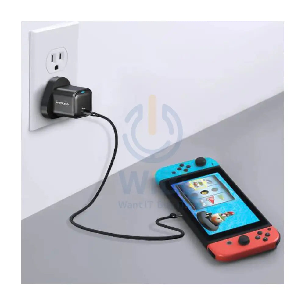 Powerology UK 3 Pin Ultra-Compact GaN Charger With Cable - 20W / USB-C / Black Accessories > Power Adapters