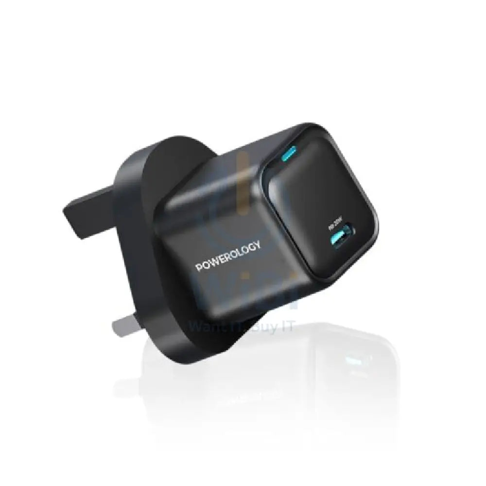 Powerology UK 3 Pin Ultra-Compact GaN Charger With Cable - 20W / USB-C / Black Accessories > Power Adapters