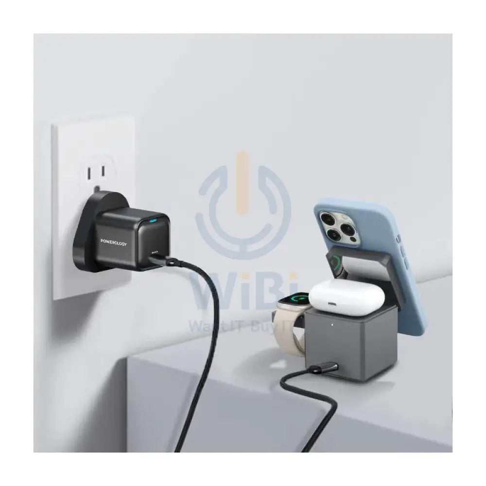 Powerology UK 3 Pin Ultra-Compact GaN Charger With Cable - 20W / USB-C / Black Accessories > Power Adapters