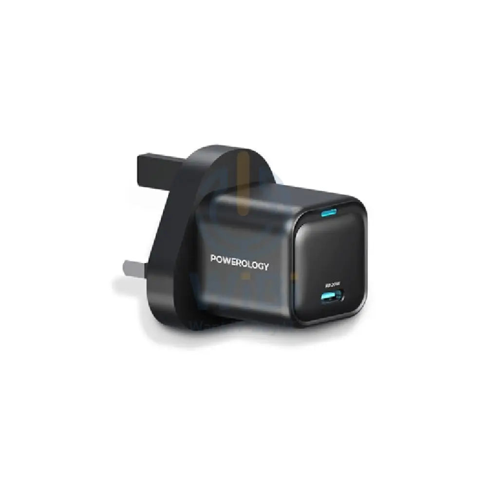 Powerology UK 3 Pin Ultra-Compact GaN Charger With Cable - 20W / USB-C / Black Accessories > Power Adapters