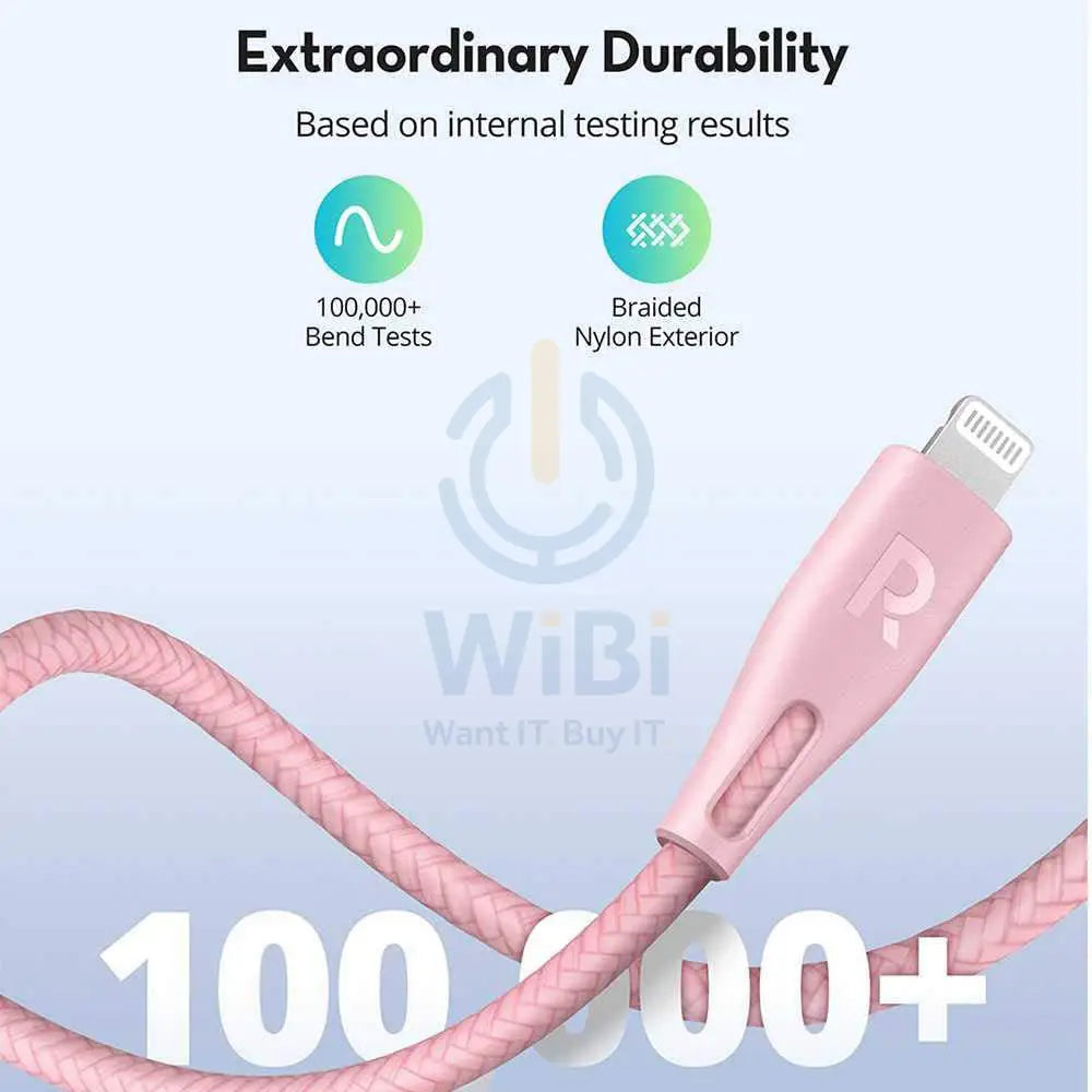 RAVPOWER 1m Type-C to Lightning Cable - Nylon Pink Accessories > Cables & Converters > Cables