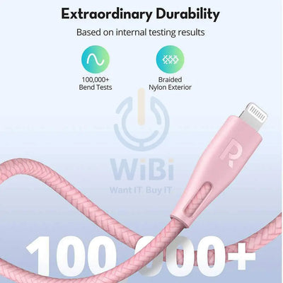 RAVPOWER 1m Type-C to Lightning Cable - Nylon Pink Accessories > Cables & Converters > Cables