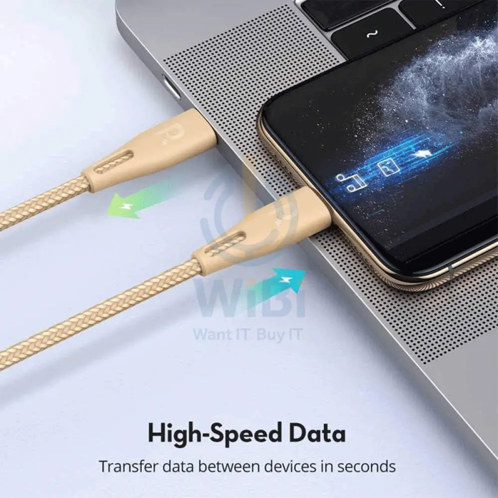 RAVPower Nylon Braided Type-C to Lightning Charging Cable - 2m / 6.6ft / Gold Accessories > Cables & Converters > Cables