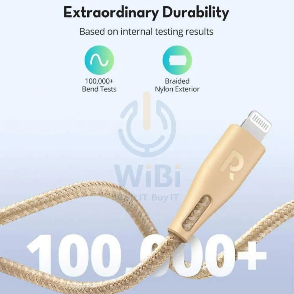 RAVPower Nylon Braided Type-C to Lightning Charging Cable - 2m / 6.6ft / Gold Accessories > Cables & Converters > Cables