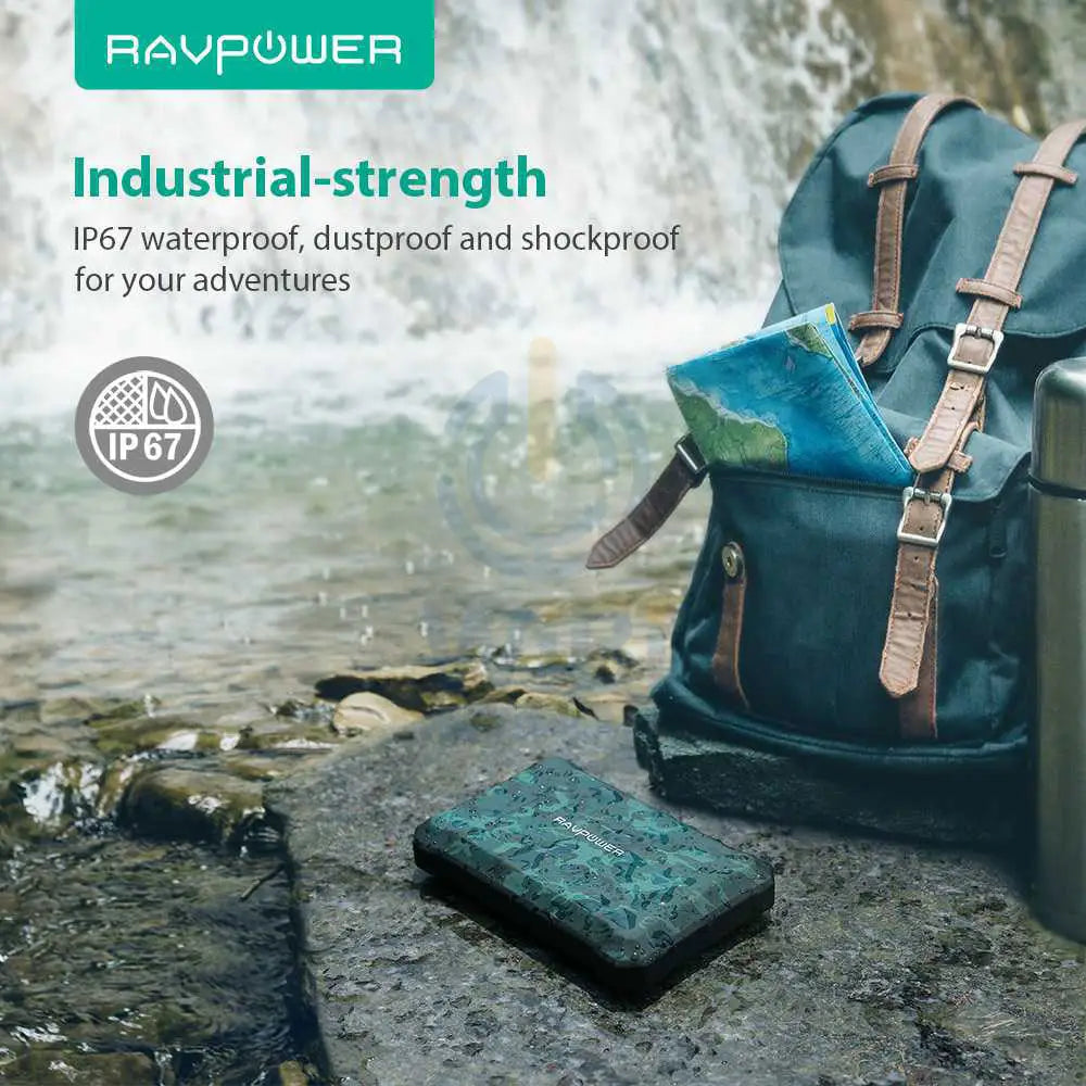 RAVPower Rugged Series 10050mAh Waterproof Portable Charger Power Bank – Camouflage Accessories > Power Adapters