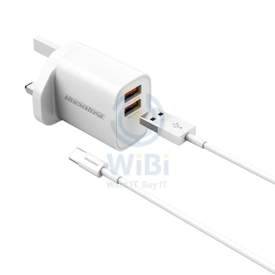Rockrose 18W Dual Port Travel Charger QC 3.0 Quick Charger With 1M 2.4A Quick Charge & Data Sync USB-C Cable - White
