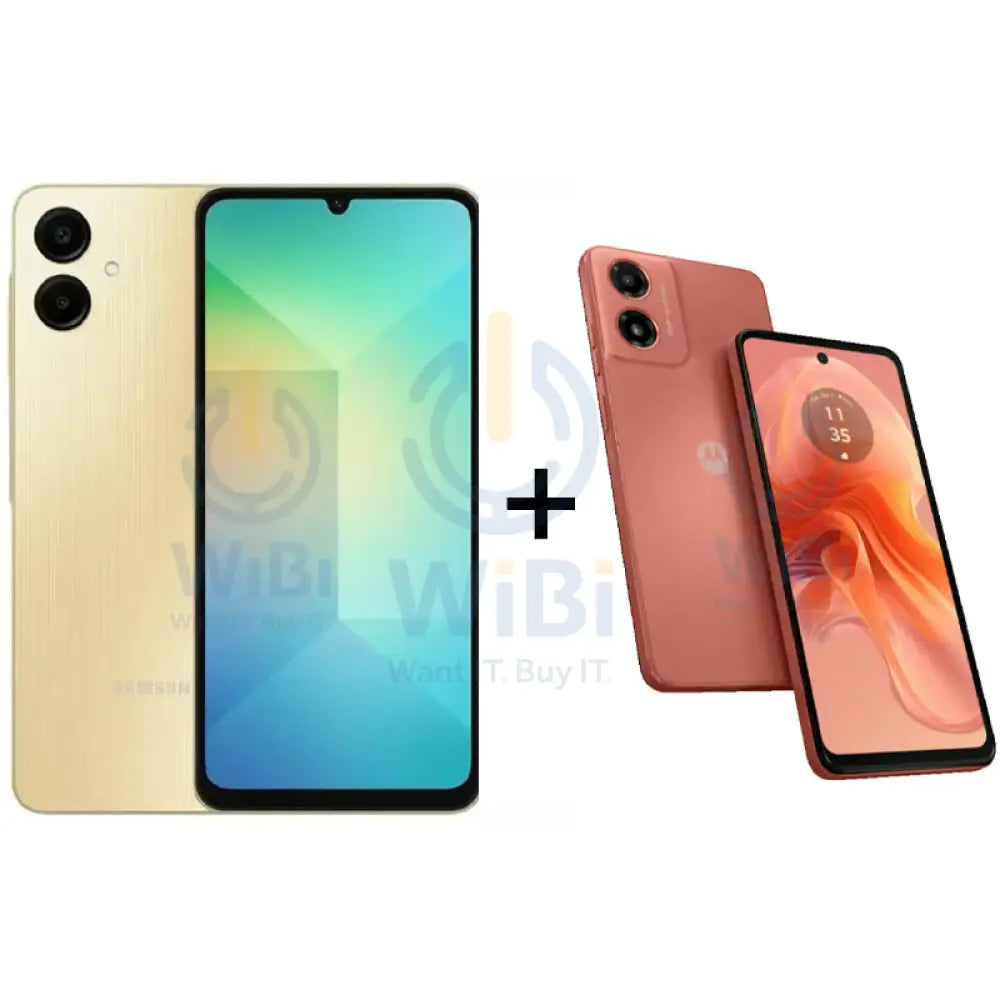 Samsung Galaxy A06 - 4GB RAM / 64GB / 6.7’’ / 4G / Gold + Motorola G04S - 4GB / 64GB / 6.6’’ HD + / 4G / Sunrise Orange