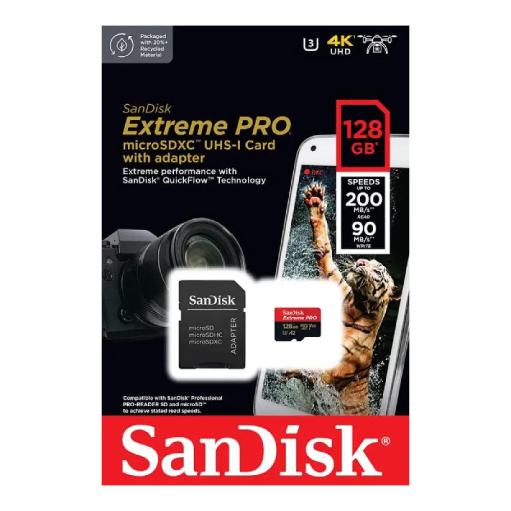 SanDisk Extreme برو microSDXC UHS-I بطاقة مع محول - 128 جيجابايت / فوق إلى 200 ميجابايت/ث تخزين بطاقات