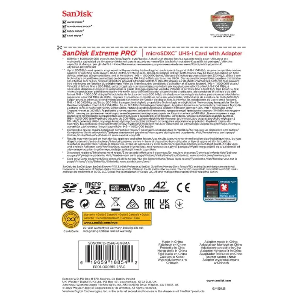 SanDisk Extreme برو Extreme MicroSDXC UHS-I بطاقة مع محول - 256 جيجابايت / فوق إلى 200 ميجابايت/ث تخزين >بطاقات