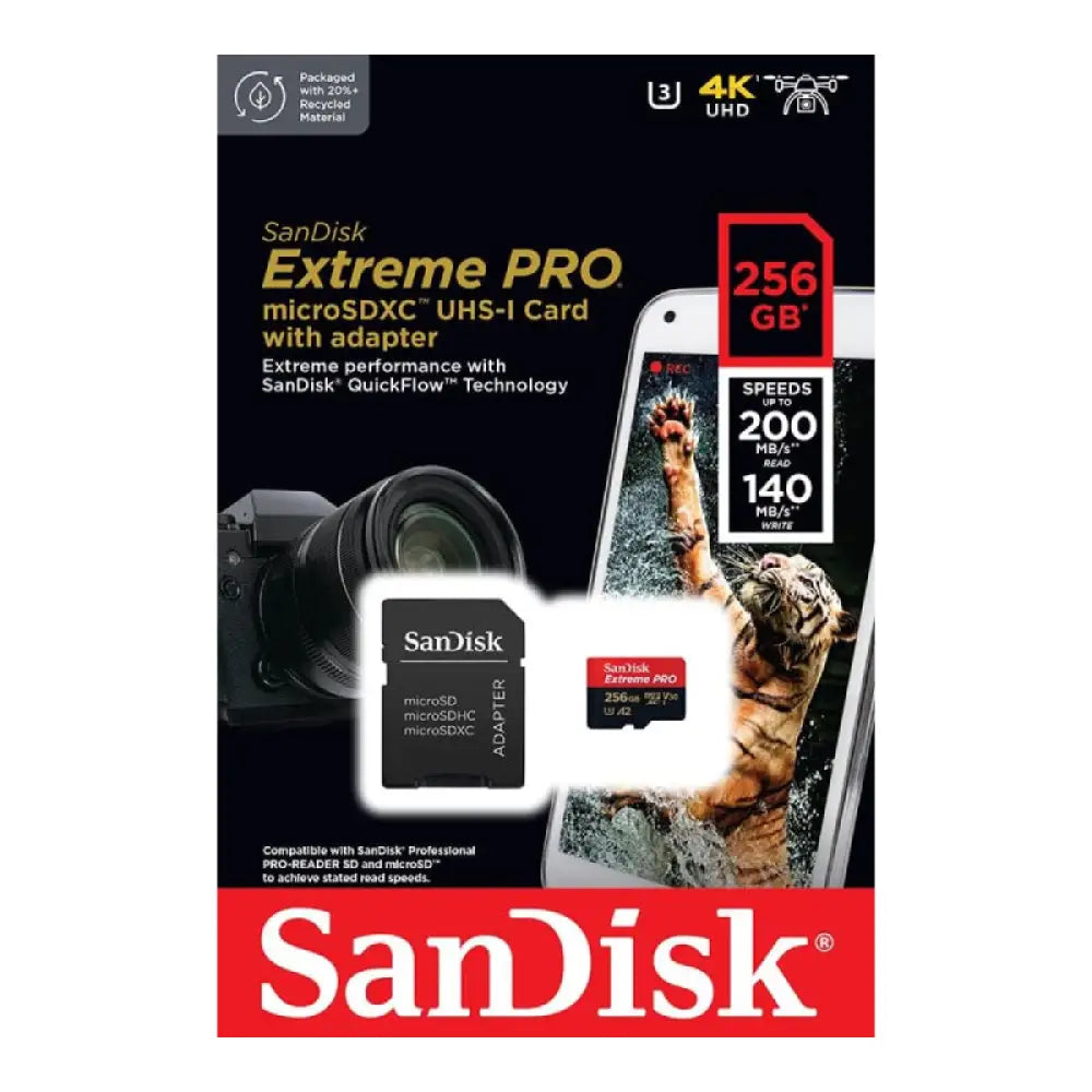 SanDisk Extreme برو Extreme MicroSDXC UHS-I بطاقة مع محول - 256 جيجابايت / فوق إلى 200 ميجابايت/ث تخزين >بطاقات