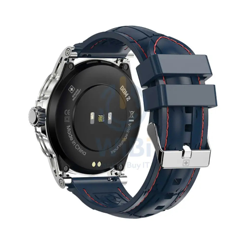 Swiss Military Dom 2 Smart Watch - Silver Frame Blue Silicon Strap with Swiss Military Delta Earbud - White Smart