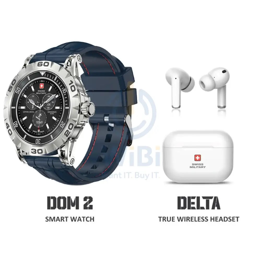 Swiss Military Dom 2 Smart Watch - Silver Frame Blue Silicon Strap with Swiss Military Delta Earbud - White Smart