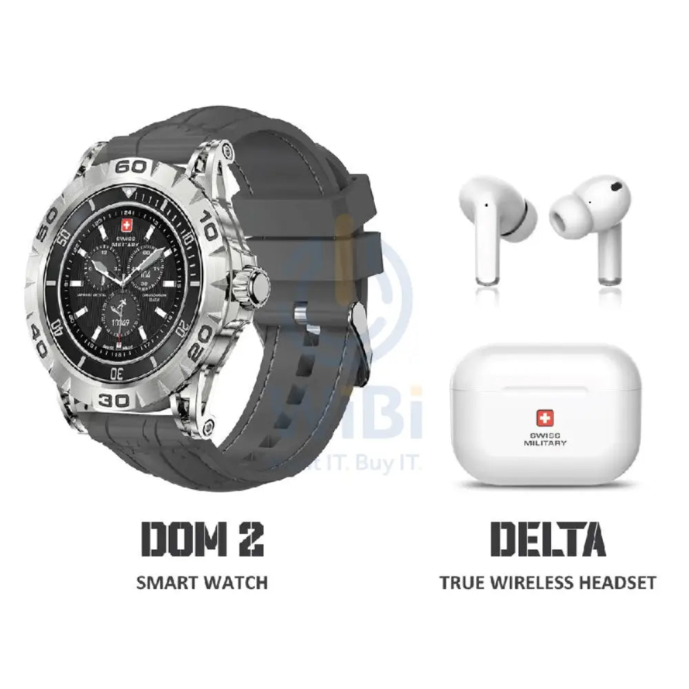 Swiss Military Dom 2 Smart Watch - Silver Frame Gray Silicon Strap with Swiss Military Delta Earbud - White Smart