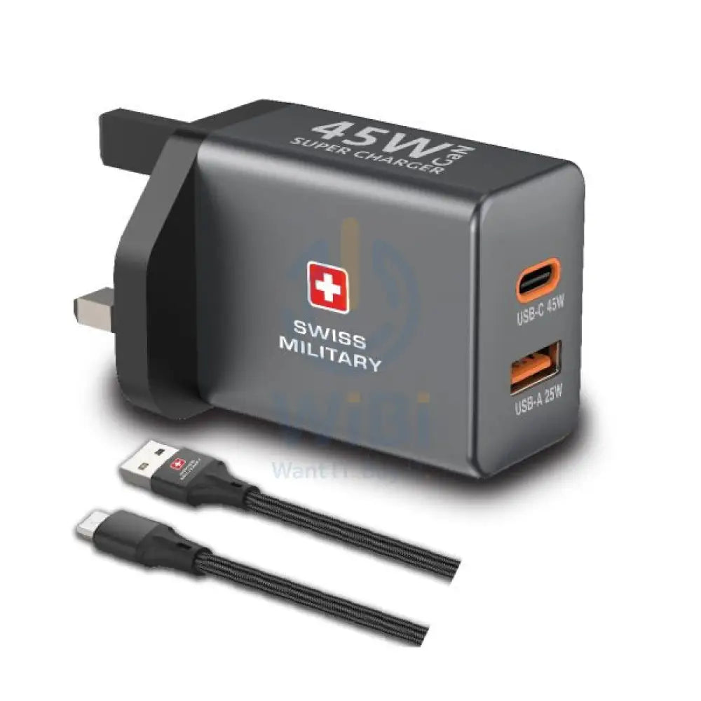 Swiss Military GaN PowerStation with 1Type-C Slot and 1 USB-A Slot with CB-AC60W Cable - 45W / Grey Accessories > Power