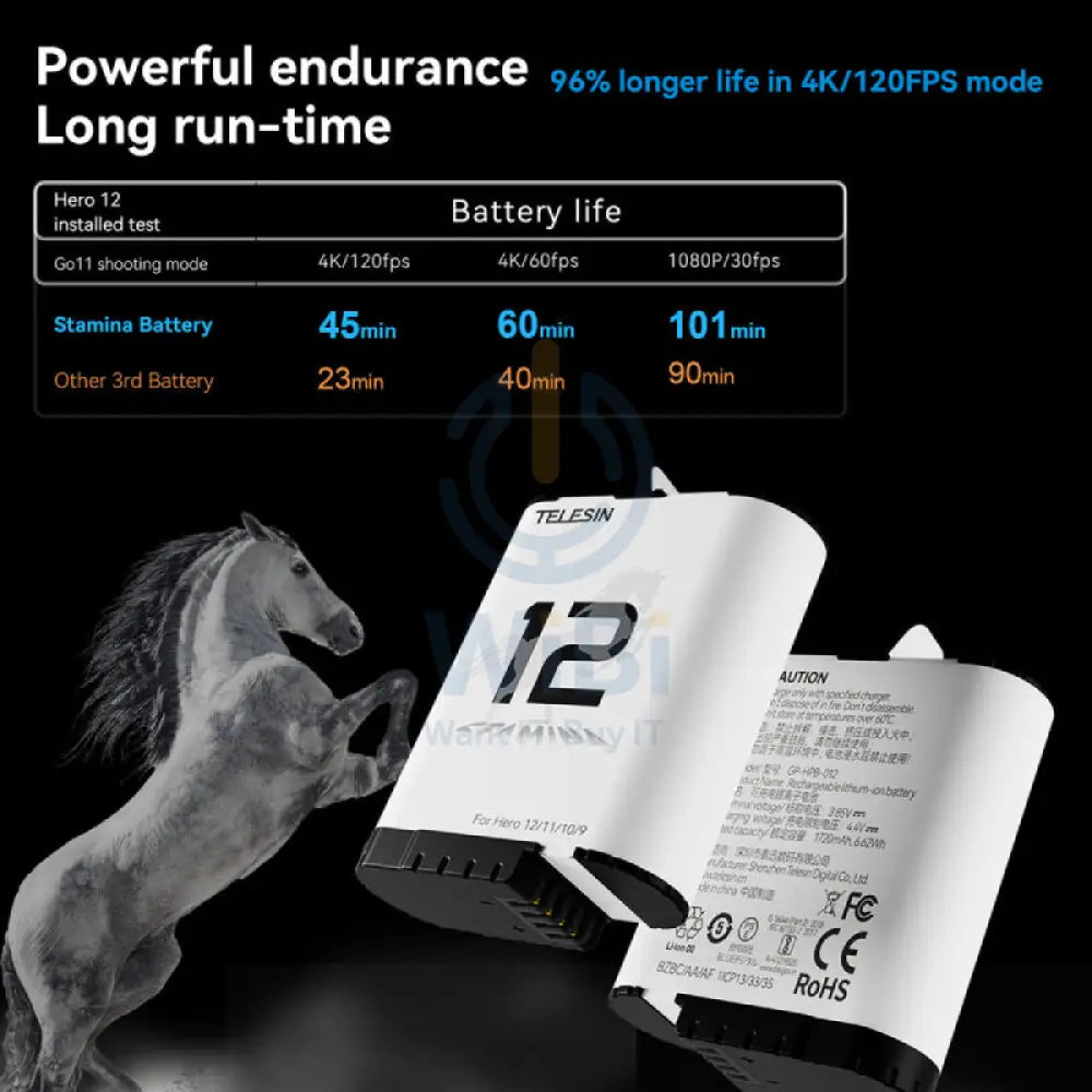 TELESINحجم فتحة شاحن & 2 Stamina Batteries Kit for GoPro HERO12/11/10/9 - أسود اكسسوارات  كاميرات