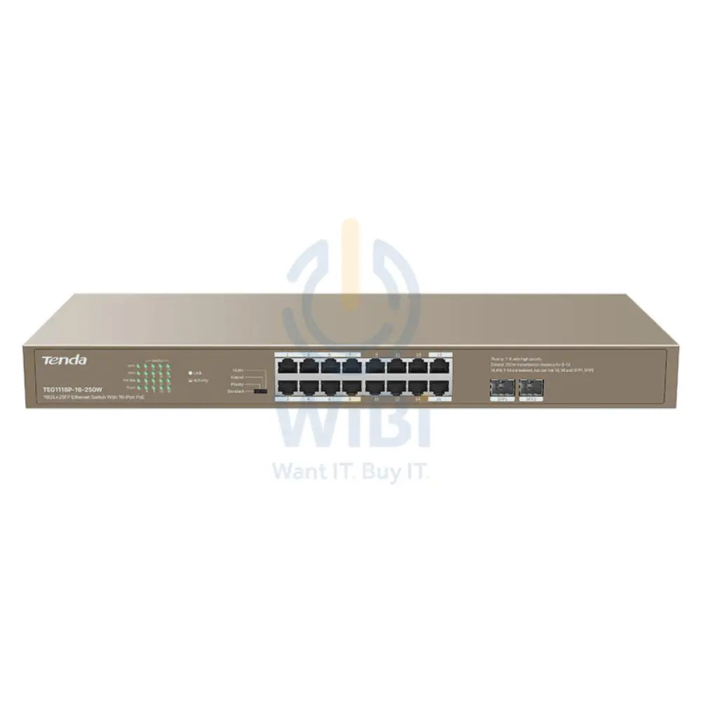 Tenda 16GE + 2SFP Ethernet Switch - 36Gbps / RJ45 / 16-Port PoE Switch Networking Products > Switches