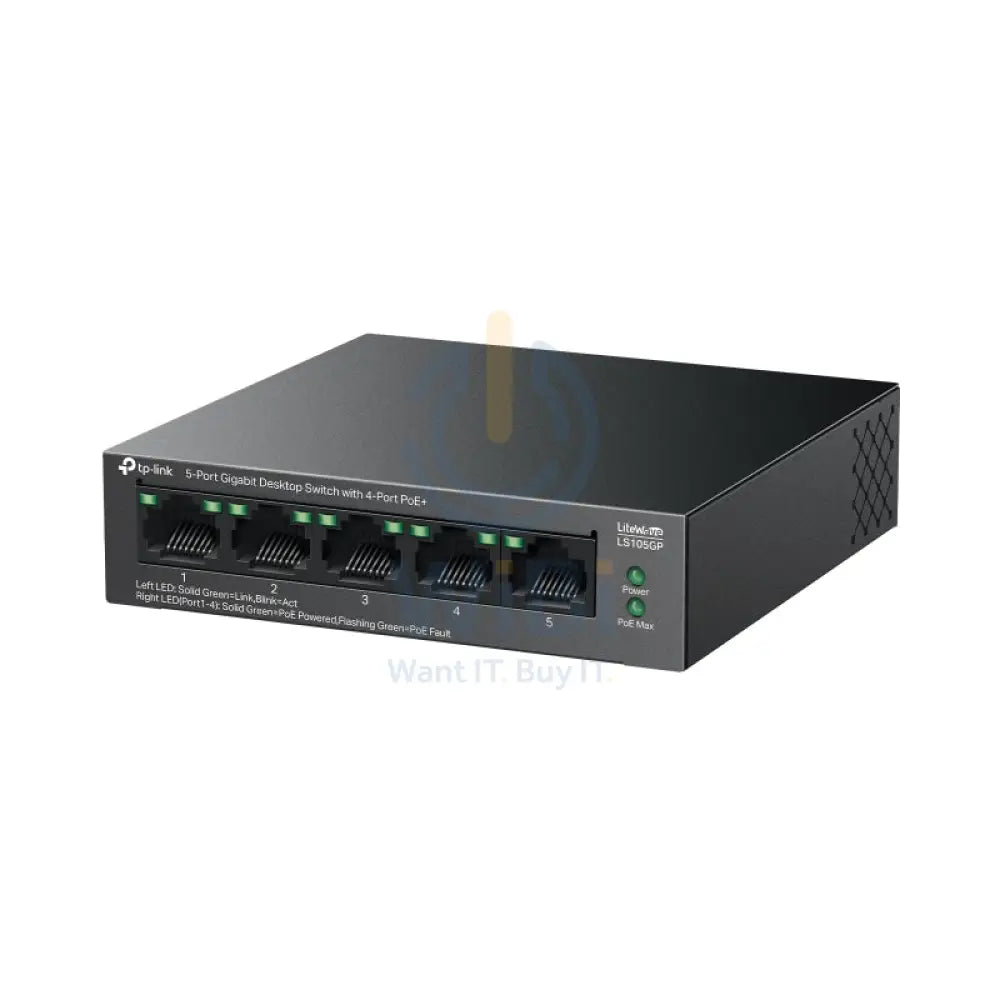 TP-Link (LS105GP) 5-Port Gigabit Desktop Switch with 4-Port PoE + - 10 Gbps / LAN Networking Products > Switches