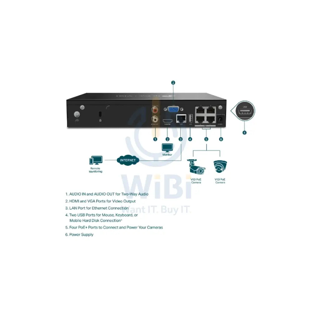TP-LINK VIGI 4 Channel PoE + Network Video Recorder - RJ-45 USB 2.0 / SATA / Black Cameras > Camcorders