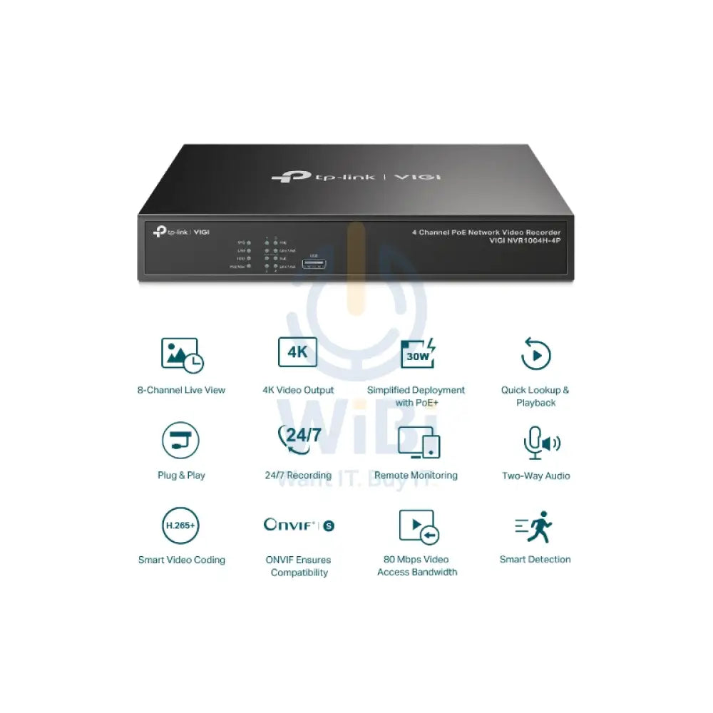 TP-LINK VIGI 4 Channel PoE + Network Video Recorder - RJ-45 USB 2.0 / SATA / Black Cameras > Camcorders