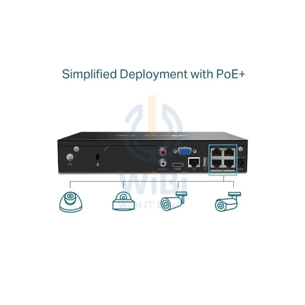 TP-LINK VIGI 4 Channel PoE + Network Video Recorder - RJ-45 USB 2.0 / SATA / Black Cameras > Camcorders