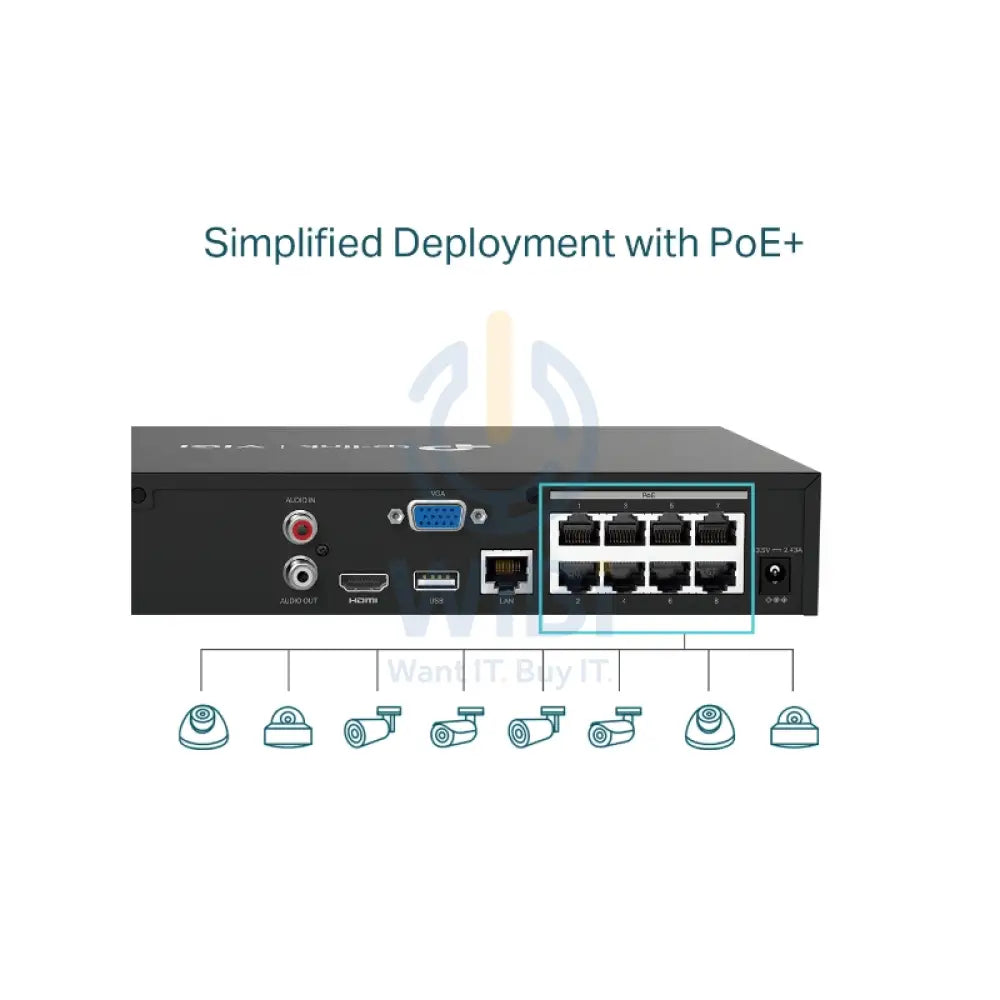 TP-LINK VIGI 8 Channel PoE + Network Video Recorder - RJ-45 / USB 2.0 / SATA / Black Cameras > Camcorders
