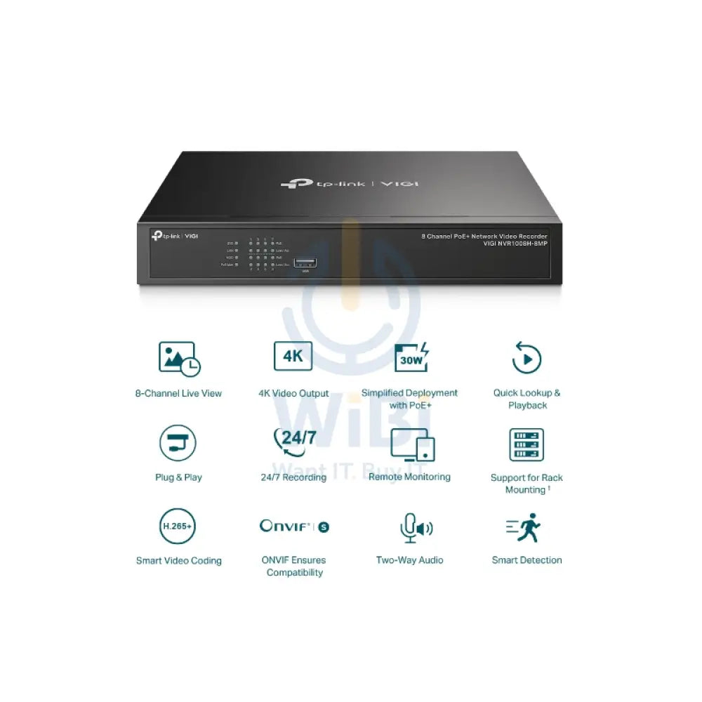 TP-LINK VIGI 8 Channel PoE + Network Video Recorder - RJ-45 / USB 2.0 / SATA / Black Cameras > Camcorders