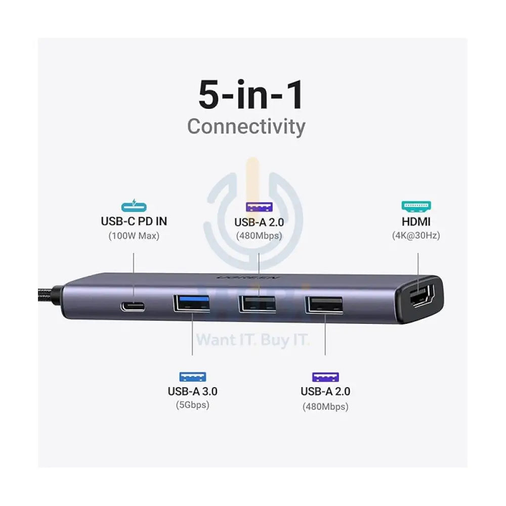 Ugreen 5-in-1 USB-C Hub (100W PD 4K@30Hz HDMI) Model CM478 15495 Accessories > Cables & Converters > Cables