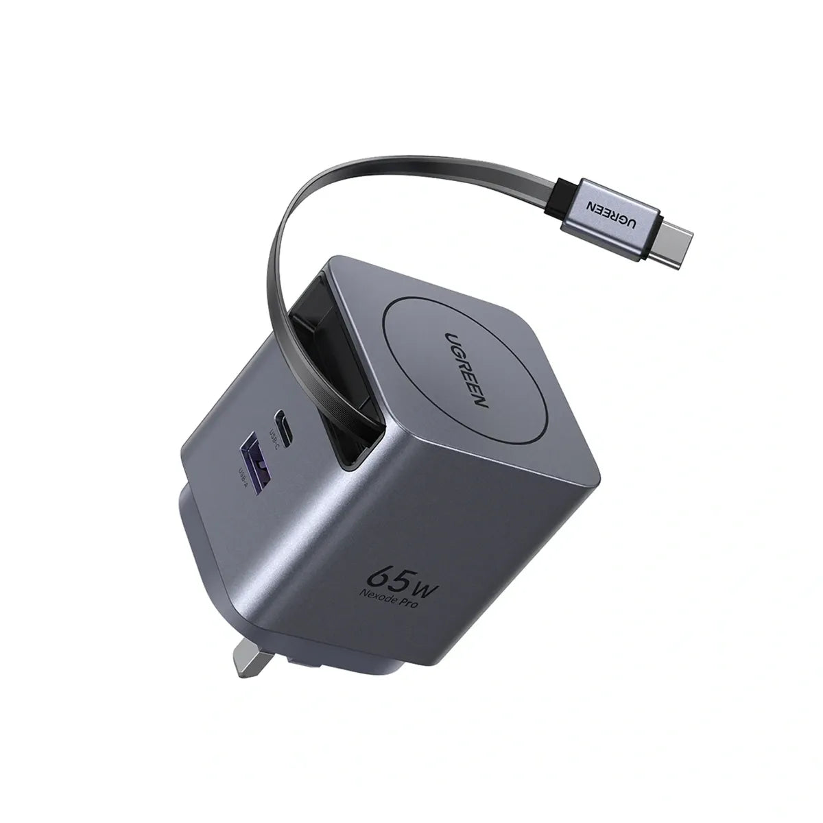 UGREEN GaN Fast Charger with Retractable Cable 2-port - 65W / Space Gray