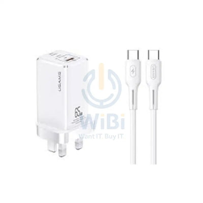 USAMS GAN 65W USB-C Charger With USB-C Cable - 65W / USB-C / USB-A / White